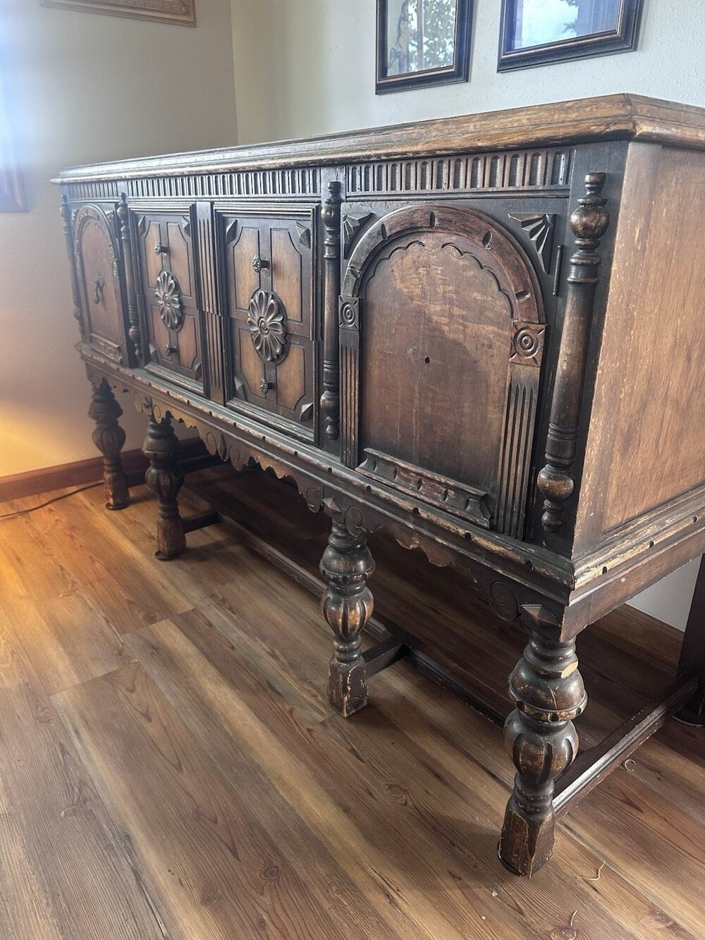 Jacobean Revival Carved Oak Sideboard Buffet Server Credenza